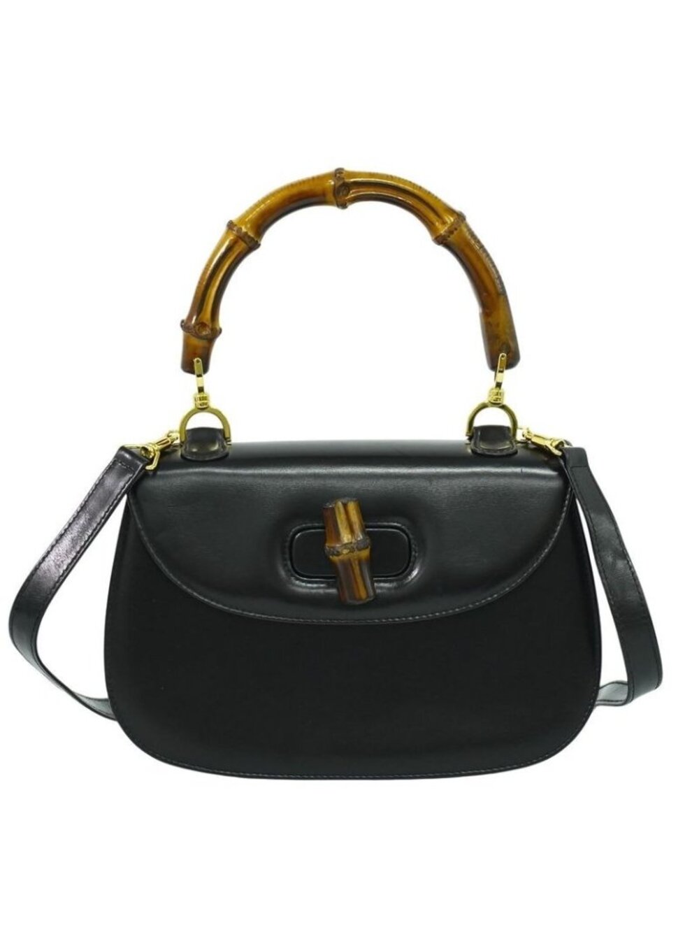 Gucci Bamboo 2-Way Shoulder Bag Handbag Pochette Leather Black - Picture 1 of 9